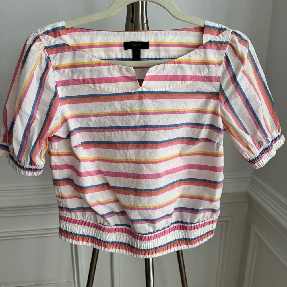 J. Crew Cinched Waist Cropped Sorbet Stripe Cotton Top Size 2P